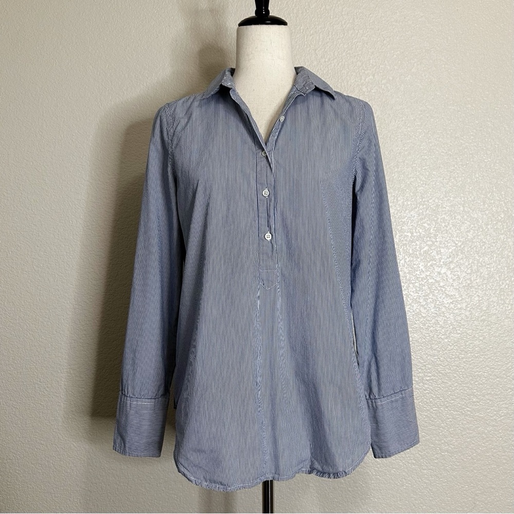 J. Crew Blue Striped Long Sleeves Pop Over Women's Shirt, Size 4